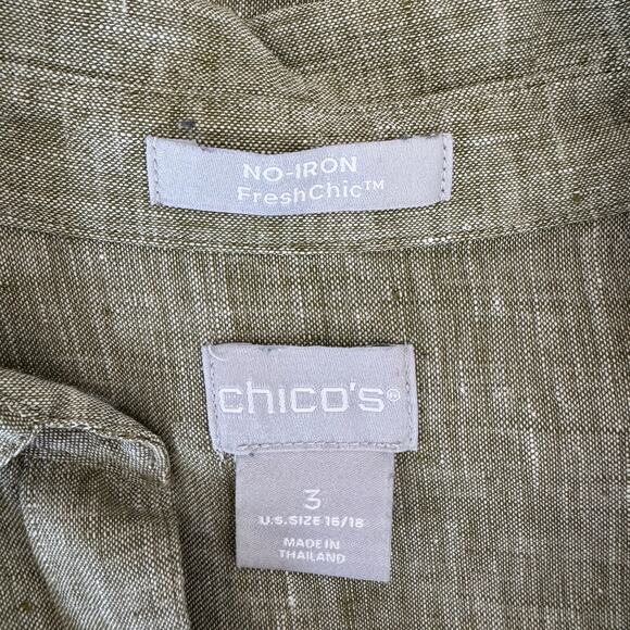 CHICO'S Shirt Size 3 or US 16/18 Green 100% Linen Resort Cruise Vacation - Picture 8 of 10